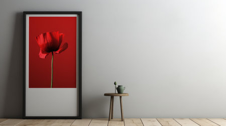 blank wooden frame with a single poppy in front, standing on a board on the gray wall. natural light enhances the appliance selection shot. ai generatedの素材