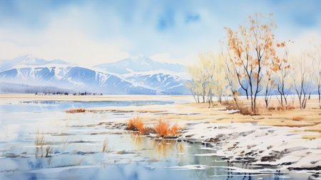 a watercolor painting featuring a glacier surrounded by the dnieper river, willow and poplar trees, a clear blue sky, and a vibrant yellow field. ai generatedの素材