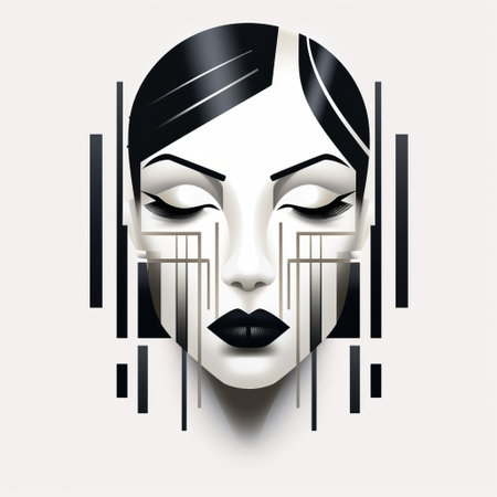 a parallel vector art deco design featuring a unique face, characterized by modern contrast lines. this captivating illustration stands out against a clean white background, showcasing the intricate details and artistic style of the art deco movement. ai generatedの素材