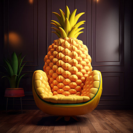 the pineapple chair, designed by david natac, showcases a cute and cartoonish design. created using the photobashing technique, this chair features realistic and hyper-detailed renderings. the composition is eye-catching with its thick texture and texture-rich elements. the pineapple chair is a unique and playful addition to any space. ai generatedの素材