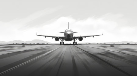 a minimalistic cartoon sketch of a jet on an asphalt road, driving towards the viewer with a perspective angle. the sketch features a simple outline design, capturing the essence of the jet's movement and the road's texture. ai generatedの素材
