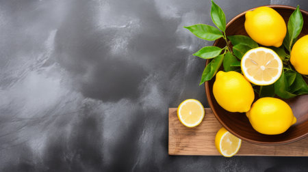 lemon in wooden long dish on dark gray stone textured background, ultra-detailed with intricate details. this stock photo, available on shutterstock, adobe, and getty, showcases the vibrant yellow lemon in a top view perspective. the 8k resolution captures the super detailed image, while the defocus and bokeh effects add a touch of artistic flair. ai generatedの素材