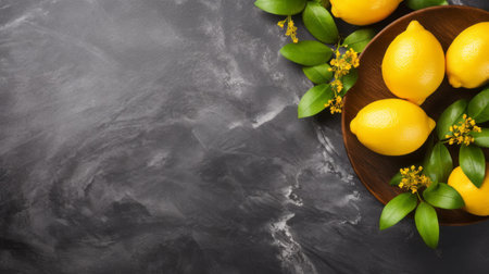 lemon in wooden long dish on dark gray stone textured background, ultra-detailed stock photo with intricate details. available on shutterstock, adobe, and getty. shot in 8k resolution, this super detailed image features a defocused background with beautiful bokeh. ai generatedの素材