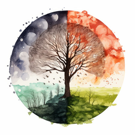 abstract nature image capturing all four seasons in one picture. circular composition with vintage vibes and natural watercolors. ai generatedの素材