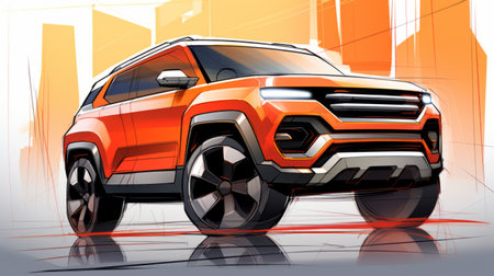 a minimalistic cartoon sketch of an suv is depicted on a concrete road, with a perspective that gives the impression of it driving towards the viewer. the sketch features a simple outline style, capturing the essence of the vehicle in a playful and artistic manner. ai generatedの素材