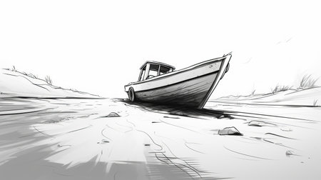 a minimalistic cartoon sketch of a boat on mud, driving towards the viewer with a perspective angle. the sketch features a simple outline design, capturing the essence of the boat in a playful and artistic manner. ai generatedの素材