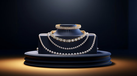 a 3d render image of a jewelry podium with a navy background, perfect for product display advertisements. this high-quality, 8k masterpiece showcases the beauty and elegance of the jewelry, making it a captivating choice for showcasing your products. ai generatedの素材