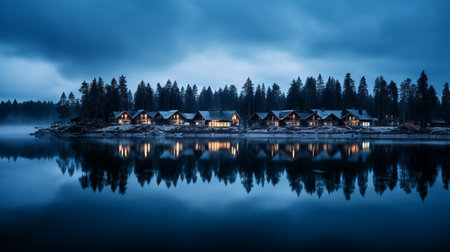 the blue hour casts a magical glow over santa claus village, transforming the natural landscape into a mesmerizing wonderland. this stunning photo, captured with a canon 5d, showcases the beauty of the minimalist and transparent scenery. with its high quality and 16k hd resolution, this image truly captures the enchantment of the moment. ai generatedの素材