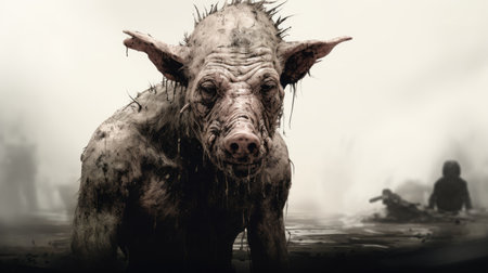 a goblin-like humanoid creature with a decaying and withered appearance, resembling a pig-human hybrid. the creature has an elongated body and a pig face, with contrasting black and white colors. ai generatedの素材