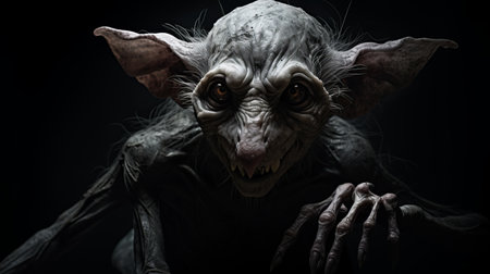 a gargoyle, resembling a withered and decaying humanoid creature, features an elongated rat-human hybrid form with a rat face. the gargoyle is captured in black and white, showcasing its eerie and haunting appearance. ai generatedの素材