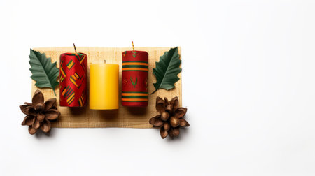 kwanzaa gift decoration on solid white background with copy space. flat lay, top view, fall. ai generatedの素材