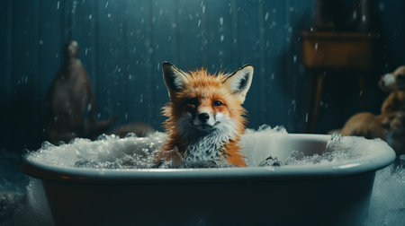 a fox sits in a large tub, wearing a long sleeve shirt, in this surrealist-style photograph. the image captures the essence of animated gifs, mommy's on-the-phonecore, and soggy minimalist canvases. shot with a canon eos 5d mark iv, the photo exudes an aurorapunk vibe. ai generatedの素材