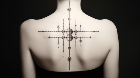 minimal line segment tattoo design featuring symmetrical lines, dots, squares, triangles, and circles. this black and white design is placed on a white background, creating a visually striking and balanced composition. ai generatedの素材