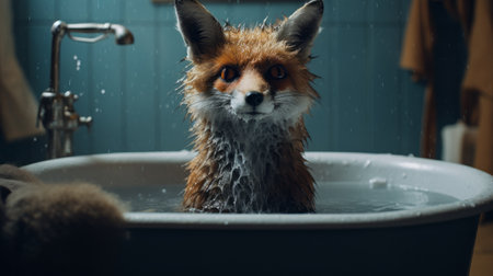 a fox sits in a large tub, wearing a long sleeve shirt, in this surrealist-style photograph. the image captures the essence of animated gifs, mommy's on-the-phonecore, and soggy minimalist canvases. shot with a canon eos 5d mark iv, the photo exudes an aurorapunk vibe. ai generatedの素材