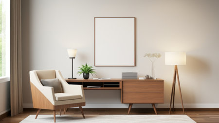 table mockup with modern elegance, cozy fabric armchair, natural wood frame, minimalist interior design, mock-up poster frame template, ample copyspace, printspace, 8k resolution, sharp details, shutterstock, keyshot. ai generatedの素材