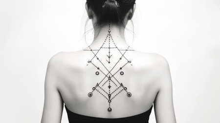 minimal parallelogram tattoo design with symmetrical lines, dots, squares, triangles, and circles. black and white design on a white background. ai generatedの素材