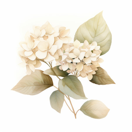 hydrangea eucalyptus watercolor illustration featuring a pastel beige color palette. the delicate flowers and leaves are beautifully depicted on a clean white background. ai generatedの素材