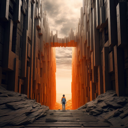 a boy is seen walking out of a narrow canyon reef, passing through a tall wooden gate. the gate is a part of a futuristic architecture design, featuring huge wood doors secured with metal bars and chains. the photo showcases a mannerism style with duotone, high contrast, and vibrant colors like orange, indigo, and purple. the overall aesthetic is minimalistic with clean edges. ai generatedの素材