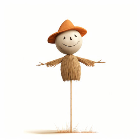 a cute scarecrow on a stick, resembling a simple and minimalistic childbook drawing. with soft and rounded forms, this 32k uhd image captures the artistic style of oscar dominguez and oshare kei. the scarecrow stands out as it is isolated on a white background. ai generatedの素材