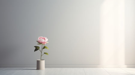 a peony flower stands gracefully in the center of an empty room. this captivating photo captures the essence of abstract minimalism, with its clean lines and simplicity. the image is in high resolution, perfect for those who appreciate the beauty of minimalistic art. ai generatedの素材