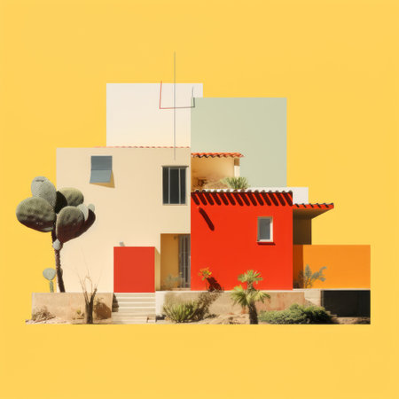 paper collage showcasing the average bauhaus architecture of rural vernacular houses in jalisco, mexico, as envisioned by elena poniatowska. the collage adopts a minimalistic aesthetic, devoid of any human presence. ai generatedの素材