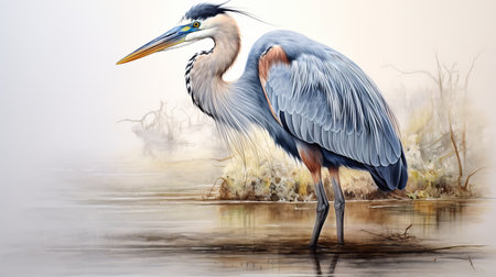 a unique great blue heron shines in iridescent yellow, created through stippling painting with crayon. this kingdom of the great blue heron is captured in a mesmerizing image, showcasing the bird's beauty and the vibrant colors of its surroundings. the quartz-like texture adds an extra touch of elegance to this stunning afga photograph. ai generatedの素材