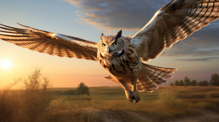an owl galloping freely through a vast landscape, its manes flying in the wind and hooves leaving traces in the soft grass. the sun's warm light emphasizes the grace and strength of these majestic animals. this impressive wallpaper captures the beauty and freedom of the animal world, making it a stunning addition to any space. ai generatedの素材