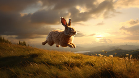 a rabbit galloping freely through a vast landscape, its manes flying in the wind and hooves leaving traces in the soft grass. the sun's warm light emphasizes the grace and strength of these animals, capturing the beauty and freedom of the animal world. impressive wallpaper, showcasing the rabbit's natural elegance and the expansive landscape. ai generatedの素材