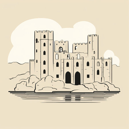 a minimalist line art depiction of old wardour castle, showcasing its distinctive architecture with clean, precise lines. the drawing captures the castle's iconic silhouette, highlighting the interplay of its towers and spires. this minimalistic ink drawing on smooth paper beautifully captures the essence of the castle's form and structure. ai generatedの素材