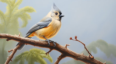 a unique tufted titmouse is depicted in this trompe-l'oeil painting created with gouache. the bird's vibrant yellow feathers shine with an iridescent topaz hue, making it a captivating subject. the kingdom of the tufted titmouse is beautifully captured in this artwork, which showcases the bird's beauty and the artist's skill. ai generatedの素材
