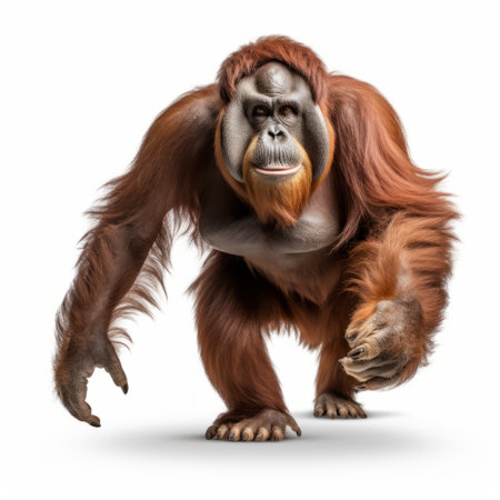 an orangutan captured in a professional photograph, showcasing its full body in motion. this high-resolution 8k uhd image is isolated on a white background, providing a realistic and detailed portrayal of the orangutan. ai generatedの素材