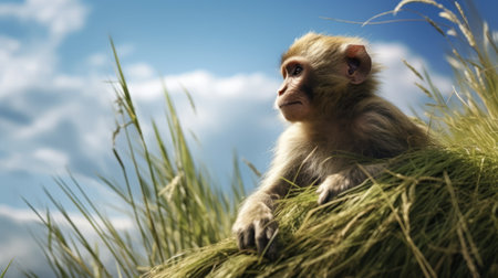 monkey resting on rock with tall grass and blue sky in background. primate, wildlife, nature, animal, relaxation, outdoor, serene, peaceful, natural habitat, grassland, sunny, tranquil, scenic, wilderness, wildlife photography, monkey species, wildlife conservation. ai generatedの素材