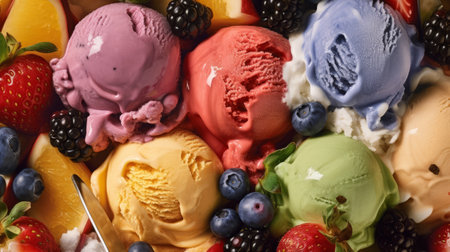 a delicious fruit salad ice cream captured in a stunning full-frame, high view angle, and macro shot. the vibrant colors of the assorted fruits are beautifully showcased, making this dessert a feast for the eyes. ai generatedの素材