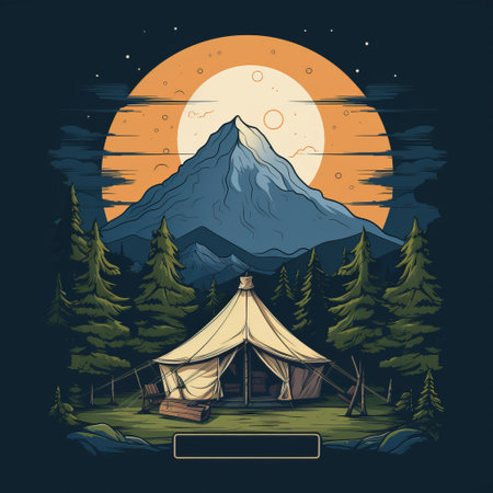 a minimalist t-shirt graphic featuring a serene glamping scene in leyburn. this png-ready design captures the essence of nature and relaxation. perfect for those who seek a unique camping experience amidst the beauty of leyburn's landscapes. ai generatedの素材