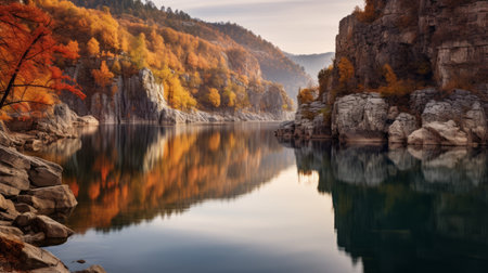 a serene lake in a canyon, surrounded by vibrant sycamore trees in full autumn splendor, reflects their colors on the calm water's surface. this tranquil scene evokes serenity and appreciation for the beauty of nature during the fall season. shot during golden hour, the image showcases soft, warm light illuminating the canyon. ai generatedの素材