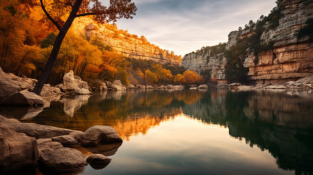 a serene lake in a canyon, surrounded by vibrant autumn-colored sycamore trees, reflects their beauty on the calm water's surface. this tranquil scene captures the serenity and natural beauty of the fall season. shot during golden hour, the soft, warm light illuminates the canyon, enhancing its picturesque charm. ai generatedの素材