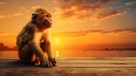 a monkey perched on a wooden deck, framed by a breathtaking sunset. ai generatedの素材