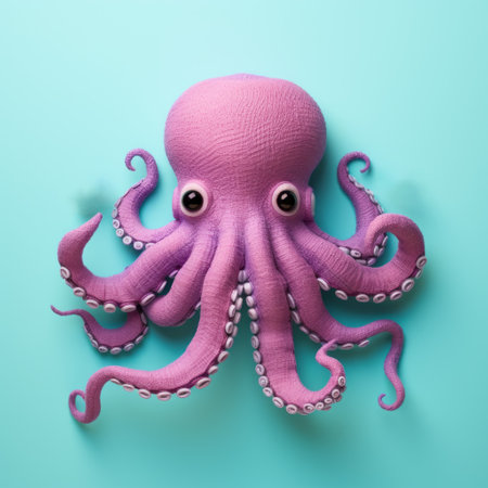 a super cute felt kraken, crafted with meticulous detail, is showcased against a vibrant solid color background. this realistic depiction of the mythical sea creature captures its charm and whimsy, making it an adorable addition to any collection or decor. ai generatedの素材