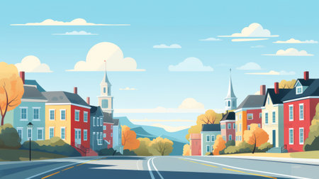 a sunny day in a charming new england town is captured in this poster. the blue sky adds a vibrant touch to the flat illustration style, bringing the scene to life. ai generatedの素材