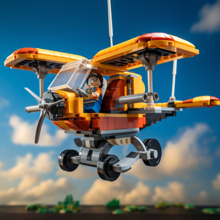 a paraglider, constructed with lego bricks, features a unique design with a tiltrotor and two propellers. this toy-style creation is showcased in stunning 8k uhd resolution, capturing every intricate detail of the model. ai generatedの素材