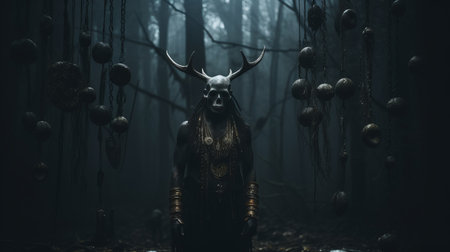 elephant man shaman, adorned with large horns, talismans, and pendants, stands in a dark, eerie forest. holding a ceremonial staff, he exudes an aura of mysticism. the photorealistic depiction captures the intricate details, creating a scene reminiscent of a chilling horror film. ai generatedの素材