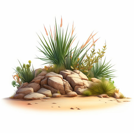 a desert scene featuring semi-realistic grass on a white background. this photo showcases a serene landscape with vibrant green grass contrasting against the barren desert backdrop. the combination of the lush grass and the stark white background creates a visually striking image. ai generatedの素材