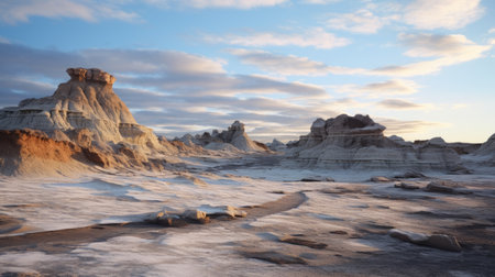 the photo showcases the stunning badlands of manhattan beach, located in the arctic environment region. the rugged and unique landscape of this beach is truly captivating, with its dramatic cliffs and rock formations. this picturesque setting offers a glimpse into the raw beauty of nature, making it a must-visit destination for nature enthusiasts and adventure seekers alike. ai generatedの素材