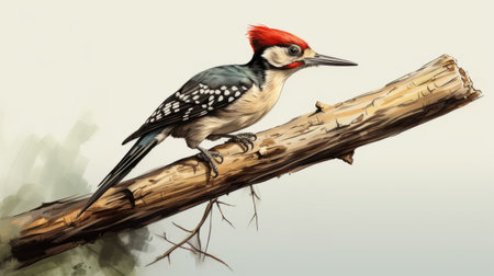 a woodpecker perched on a horizontal stick, showcasing its strong grip with its feet. ai generatedの素材