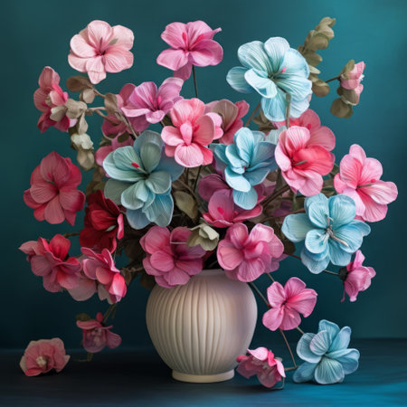 geranium arrangement featuring teal and pink shades, creating a stunning 3d effect. ai generatedの素材