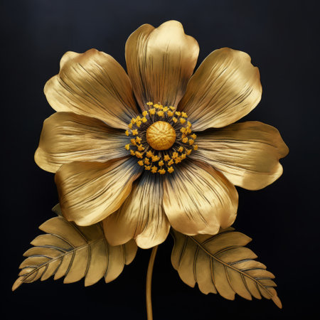 a photo of a zinnia plumeria with gold leaf edges, set against a black flourish textured background. ai generatedの素材