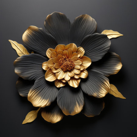 a photo of a zinnia plumeria with gold leaf edges, set against a black flourish textured background. ai generatedの素材
