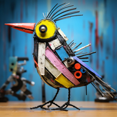abstract 3d sculpture of a finch with a unique and humorous appearance, inspired by the artistic styles of basquiat, picasso, miro, kandinsky, klee, birell, fairey, ardon, and buffet. ai generatedの素材