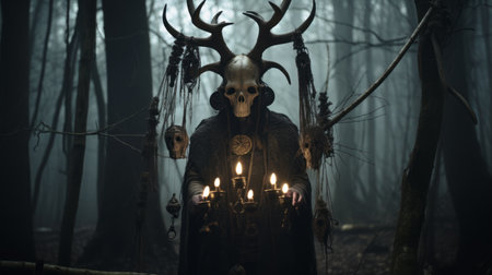 elephant man shaman with big horns and talismans, pendants, and ceremonial staff stands in a dark forest. the photorealistic image captures the creepy lighting and incredibly accurate details, evoking a scene from a scary movie. ai generatedの素材