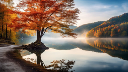 a serene fjord with a calm lake surrounded by vibrant hickory trees in full autumn splendor. the tranquil scene captures the beauty of nature during the fall season, with the trees reflecting their vibrant colors on the water's surface. shot during golden hour, the image showcases the soft, warm light illuminating the fjord. ai generatedの素材